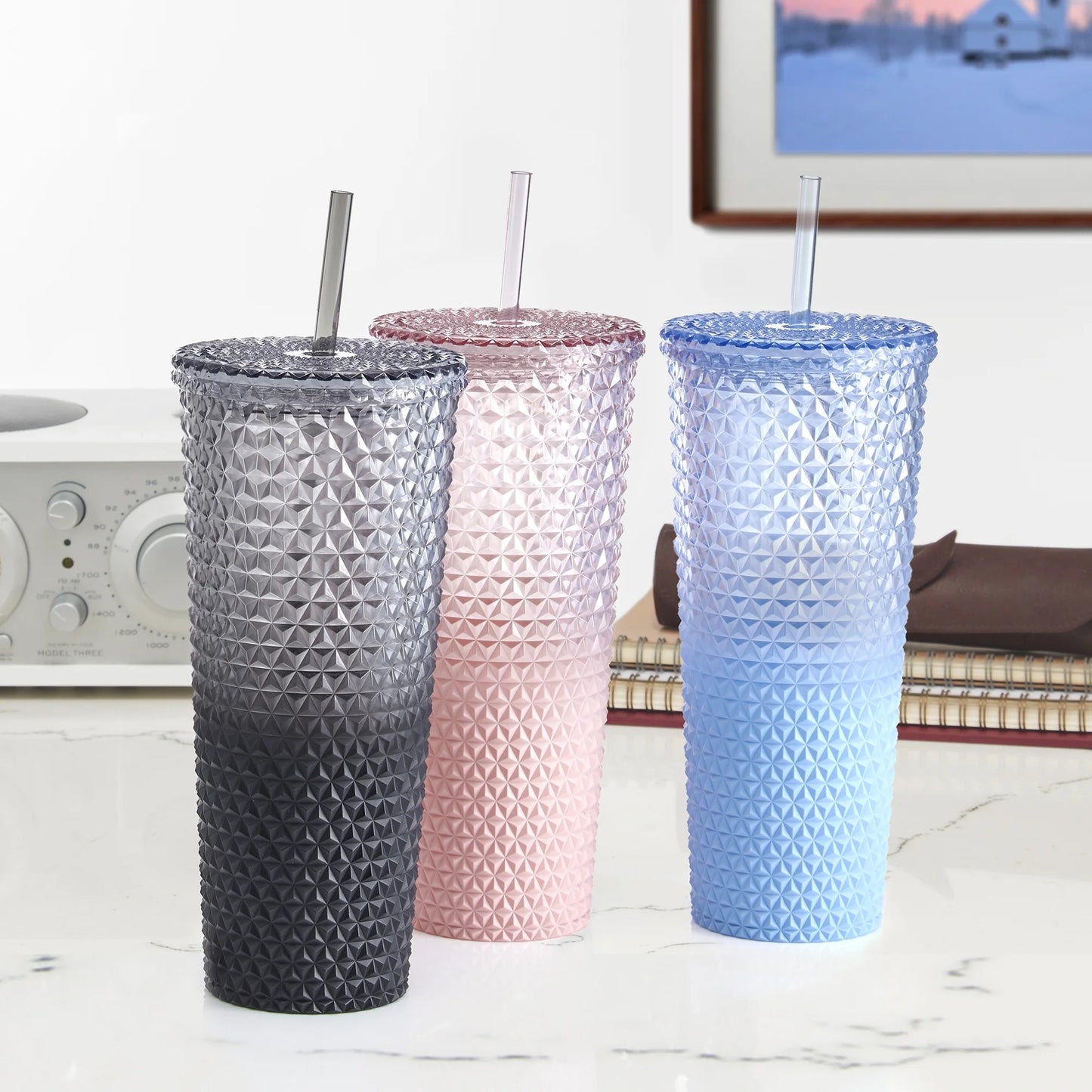 26 Fl Oz Ombre Pink Reusable Plastic Textured Tumbler, Double-Walled