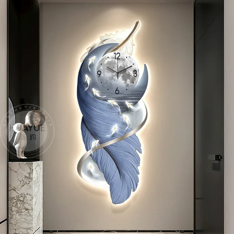 Home Decor Entrance with Clock LED Lights Decoration Painting Feather Hanging Paintings and Wall Lamp Paintings in the Hallway