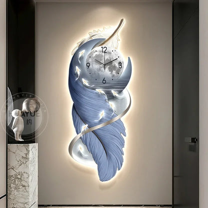 Home Decor Entrance with Clock LED Lights Decoration Painting Feather Hanging Paintings and Wall Lamp Paintings in the Hallway