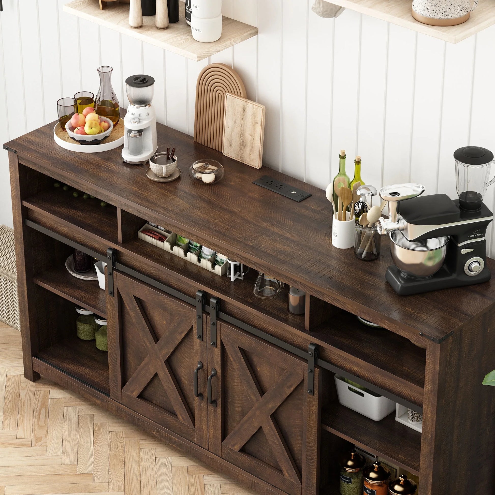 60" Farmhouse Coffee Bar Cabinet with LED Light & Power Outlets, Barn Door Sideboard Buffet Cabinet with 4 Tier Storage