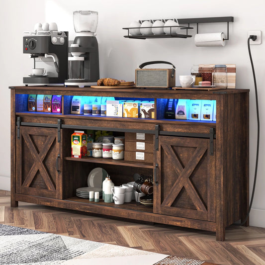 60" Farmhouse Coffee Bar Cabinet with LED Light & Power Outlets, Barn Door Sideboard Buffet Cabinet with 4 Tier Storage