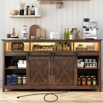 60" Farmhouse Coffee Bar Cabinet with LED Light & Power Outlets, Barn Door Sideboard Buffet Cabinet with 4 Tier Storage