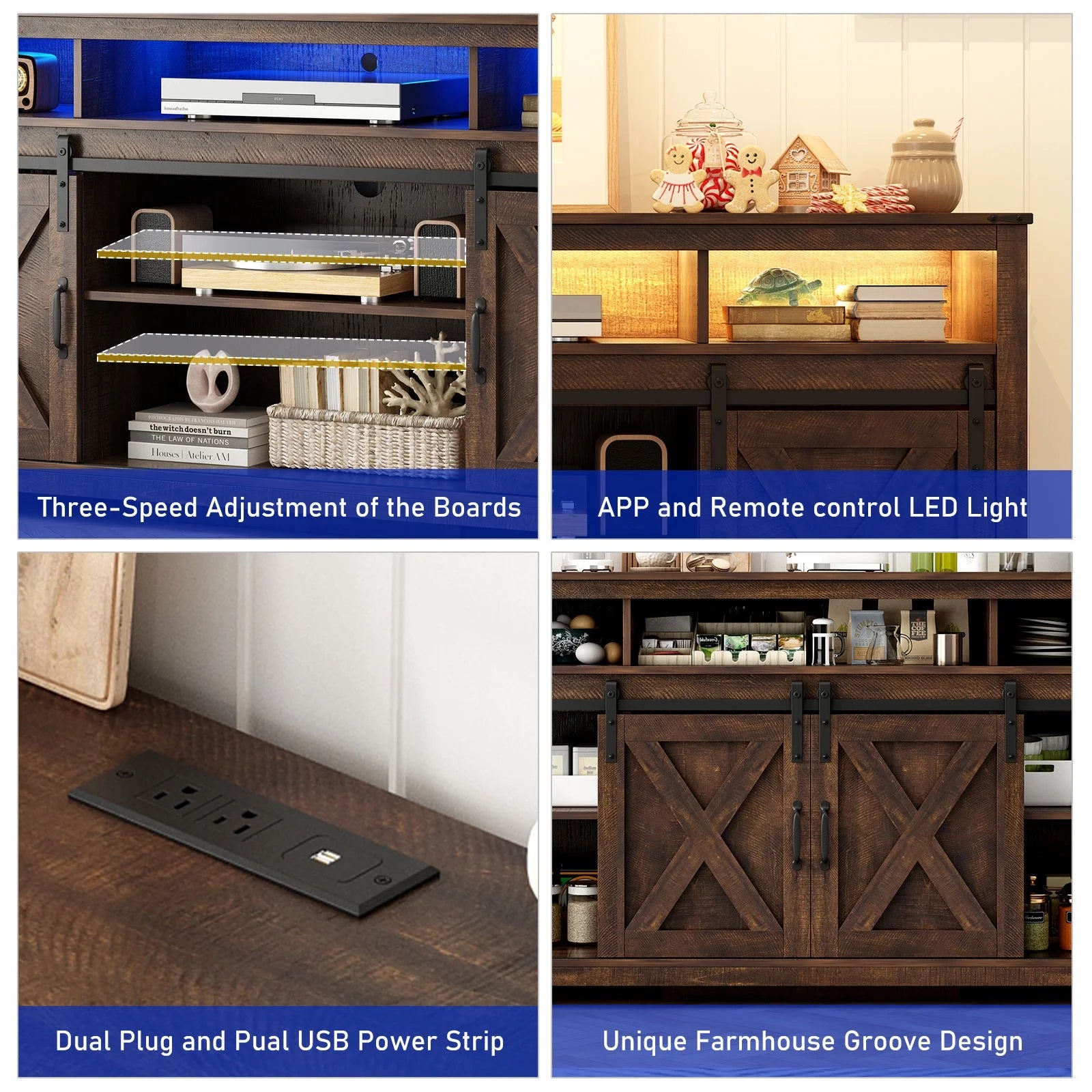 60" Farmhouse Coffee Bar Cabinet with LED Light & Power Outlets, Barn Door Sideboard Buffet Cabinet with 4 Tier Storage