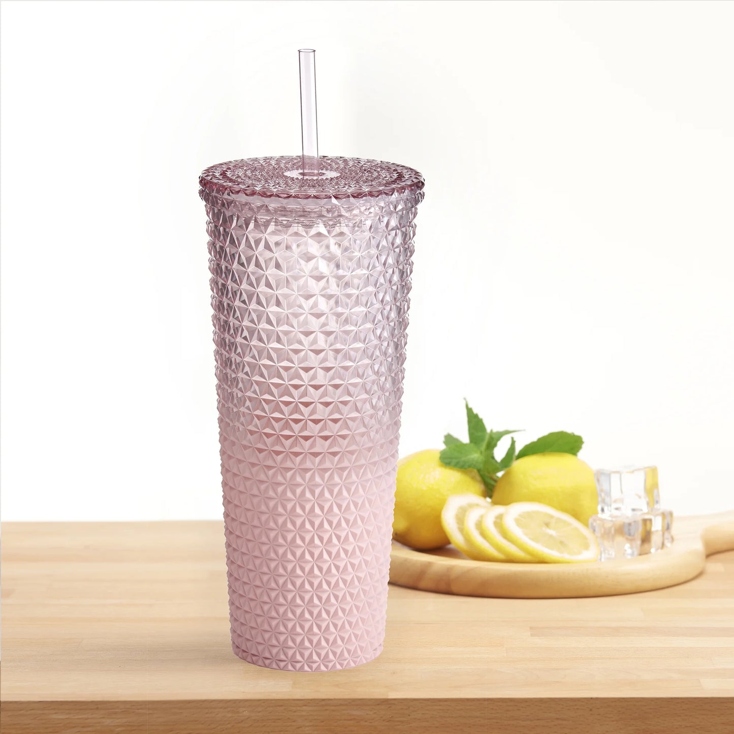 26 Fl Oz Ombre Pink Reusable Plastic Textured Tumbler, Double-Walled
