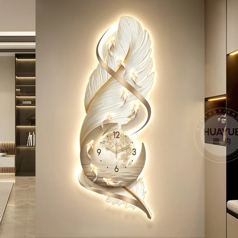 Home Decor Entrance with Clock LED Lights Decoration Painting Feather Hanging Paintings and Wall Lamp Paintings in the Hallway