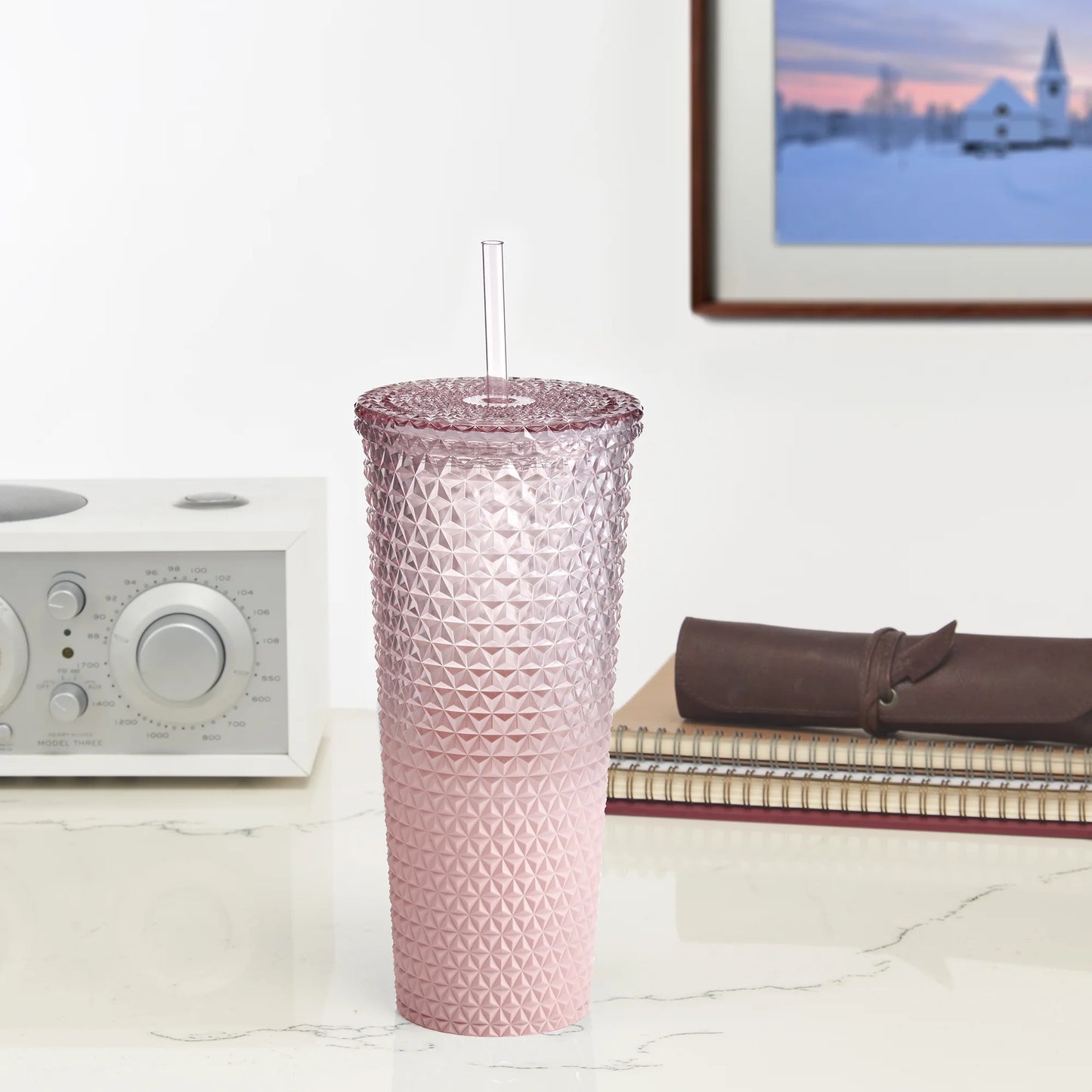 26 Fl Oz Ombre Pink Reusable Plastic Textured Tumbler, Double-Walled