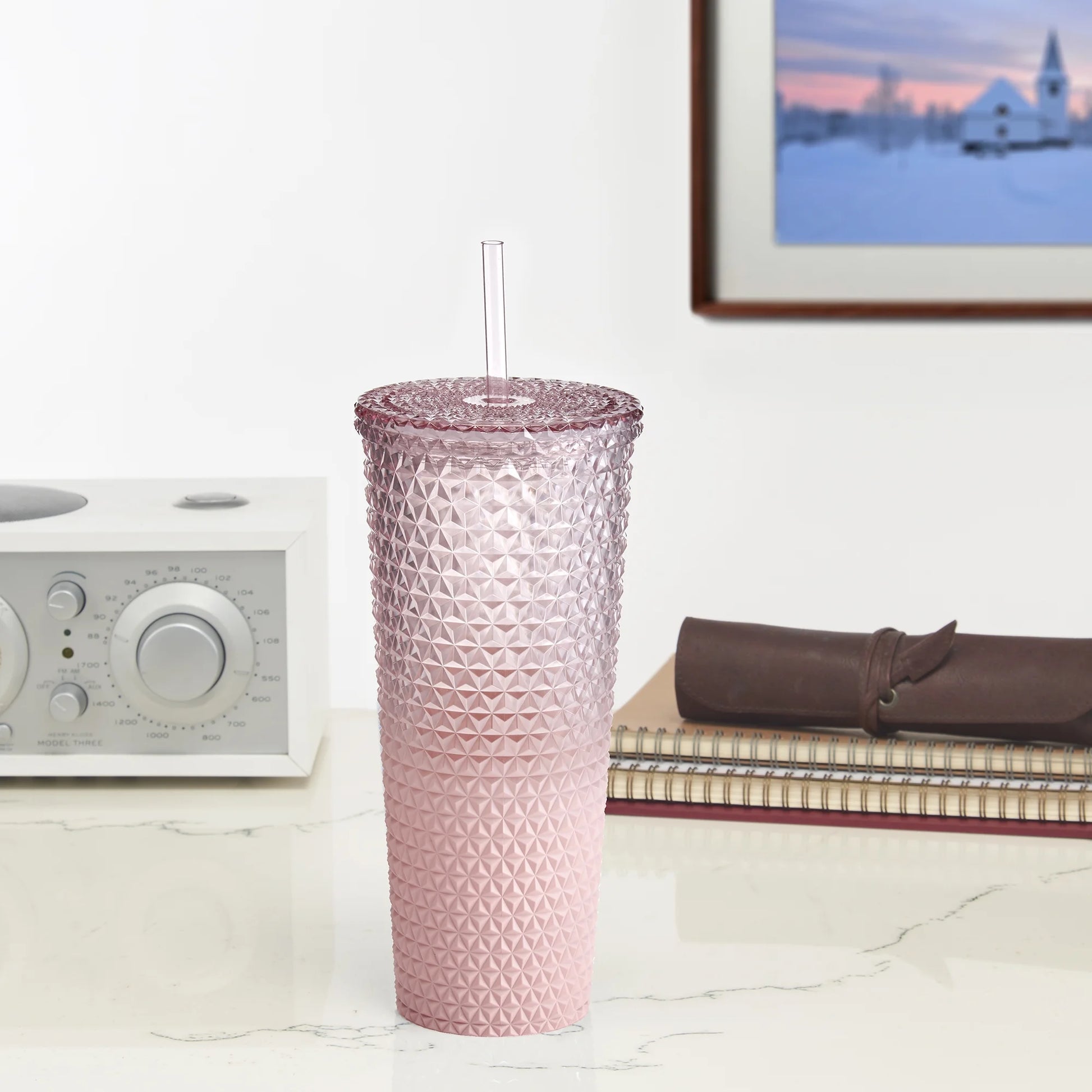 26 Fl Oz Ombre Pink Reusable Plastic Textured Tumbler, Double-Walled