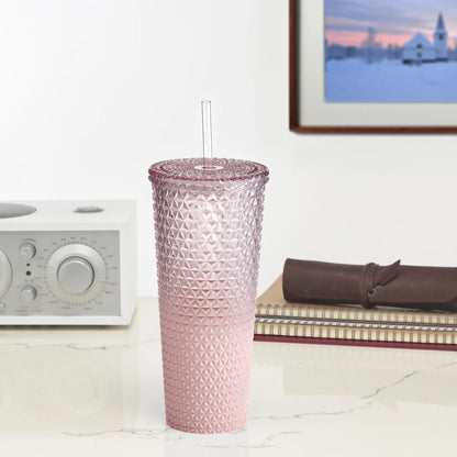 26 Fl Oz Ombre Pink Reusable Plastic Textured Tumbler, Double-Walled