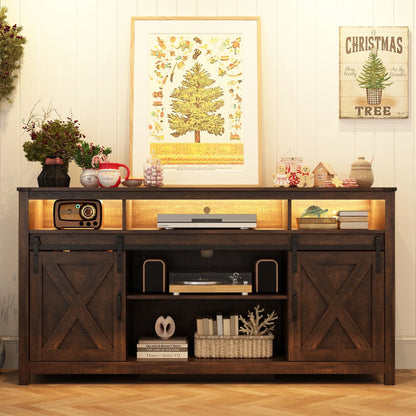 60" Farmhouse Coffee Bar Cabinet with LED Light & Power Outlets, Barn Door Sideboard Buffet Cabinet with 4 Tier Storage