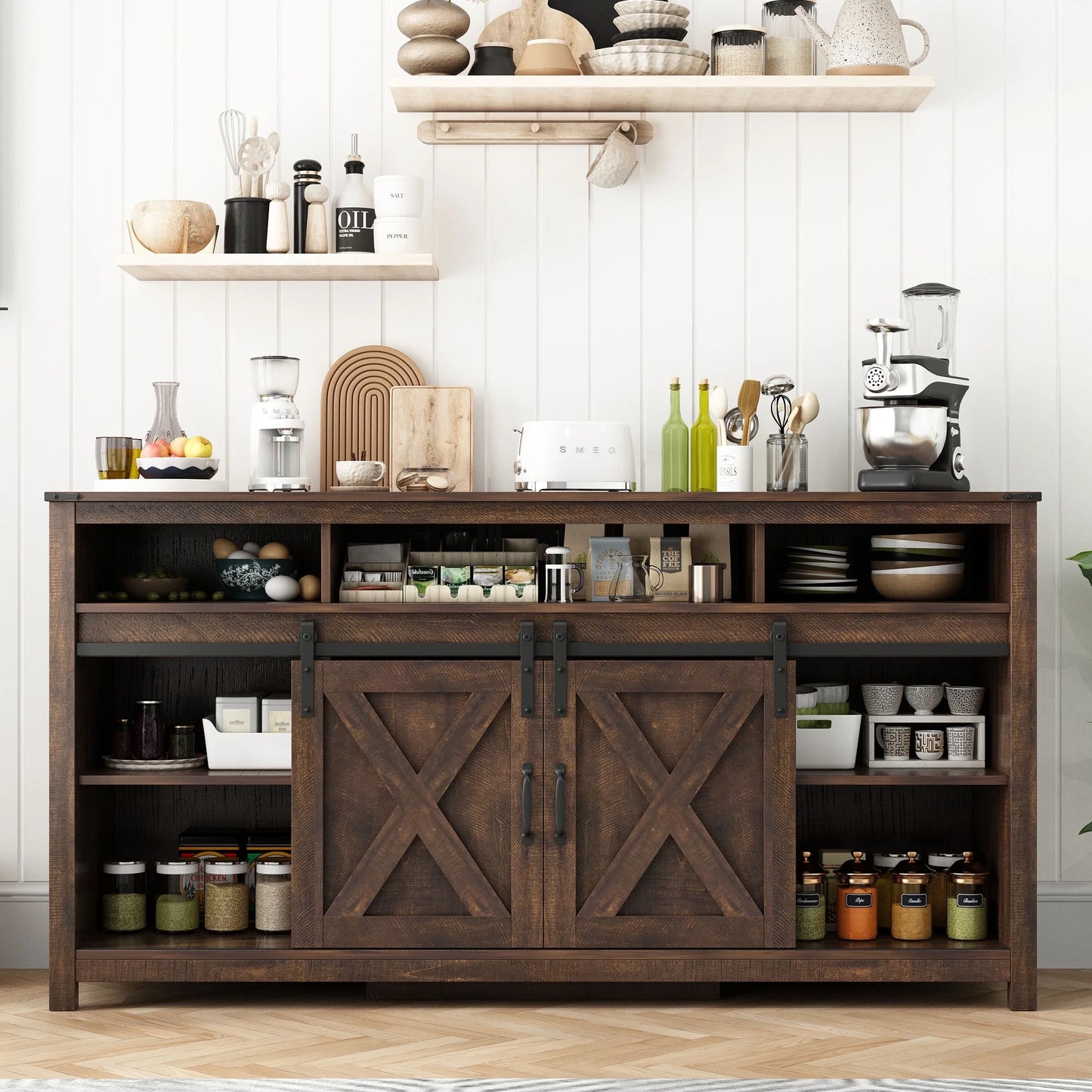 60" Farmhouse Coffee Bar Cabinet with LED Light & Power Outlets, Barn Door Sideboard Buffet Cabinet with 4 Tier Storage