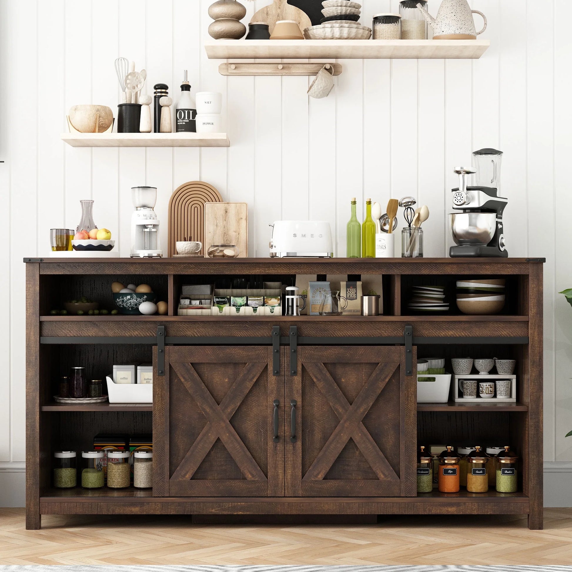 60" Farmhouse Coffee Bar Cabinet with LED Light & Power Outlets, Barn Door Sideboard Buffet Cabinet with 4 Tier Storage
