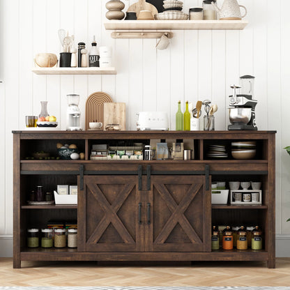 60" Farmhouse Coffee Bar Cabinet with LED Light & Power Outlets, Barn Door Sideboard Buffet Cabinet with 4 Tier Storage