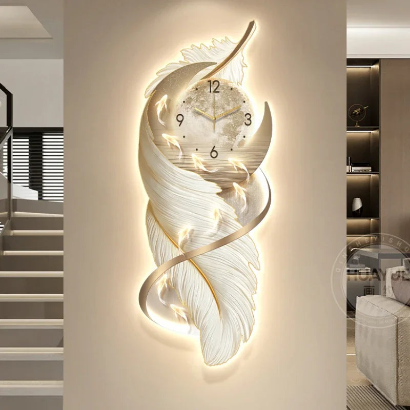 Home Decor Entrance with Clock LED Lights Decoration Painting Feather Hanging Paintings and Wall Lamp Paintings in the Hallway