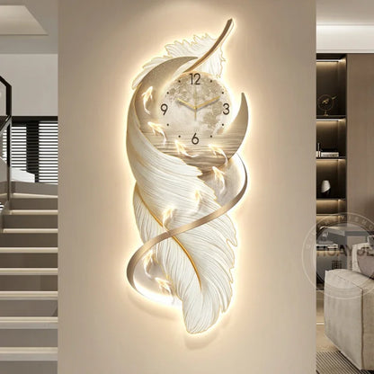 Home Decor Entrance with Clock LED Lights Decoration Painting Feather Hanging Paintings and Wall Lamp Paintings in the Hallway