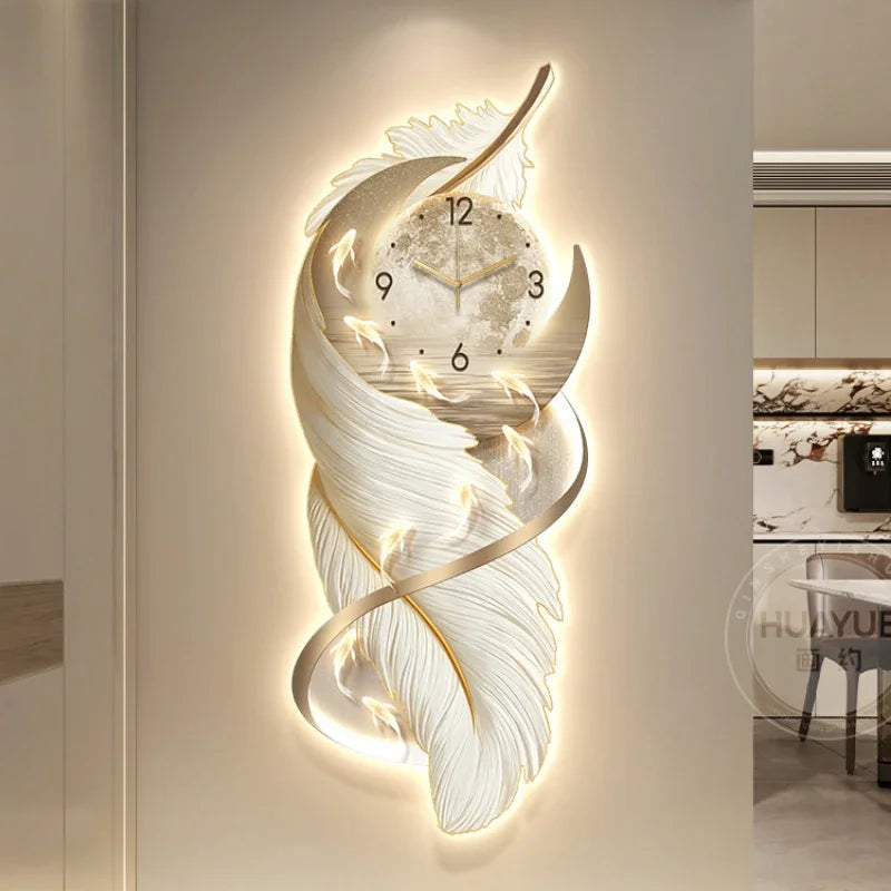 Home Decor Entrance with Clock LED Lights Decoration Painting Feather Hanging Paintings and Wall Lamp Paintings in the Hallway