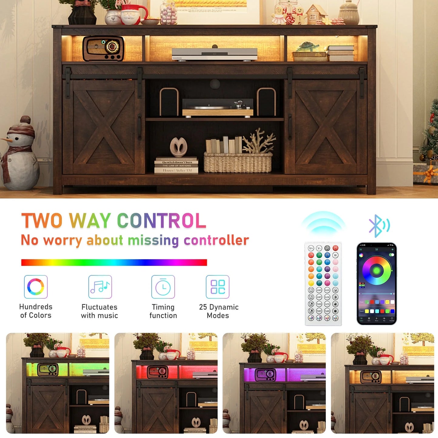 60" Farmhouse Coffee Bar Cabinet with LED Light & Power Outlets, Barn Door Sideboard Buffet Cabinet with 4 Tier Storage