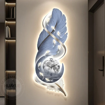Home Decor Entrance with Clock LED Lights Decoration Painting Feather Hanging Paintings and Wall Lamp Paintings in the Hallway