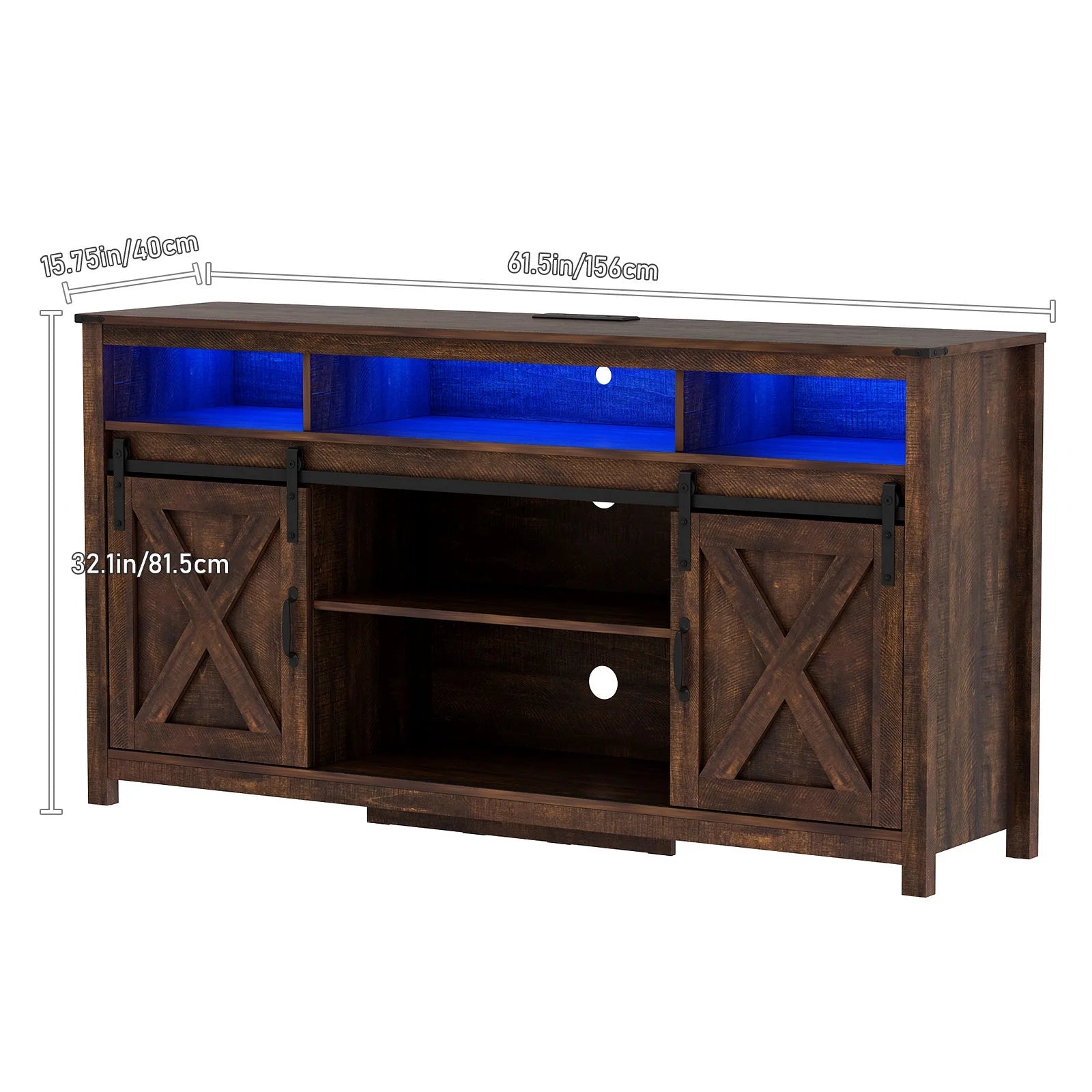 60" Farmhouse Coffee Bar Cabinet with LED Light & Power Outlets, Barn Door Sideboard Buffet Cabinet with 4 Tier Storage